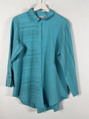 Habitat Women Turquoise Blue Textured Long-Sleeve Button-Down Shirt Medium Artsy